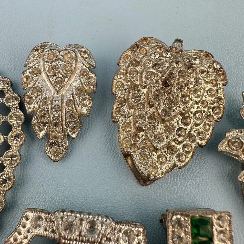 Vintage Rhinestone Dress Fur Clip Lot Silver Tone Art Deco Floral Some Pot Metal